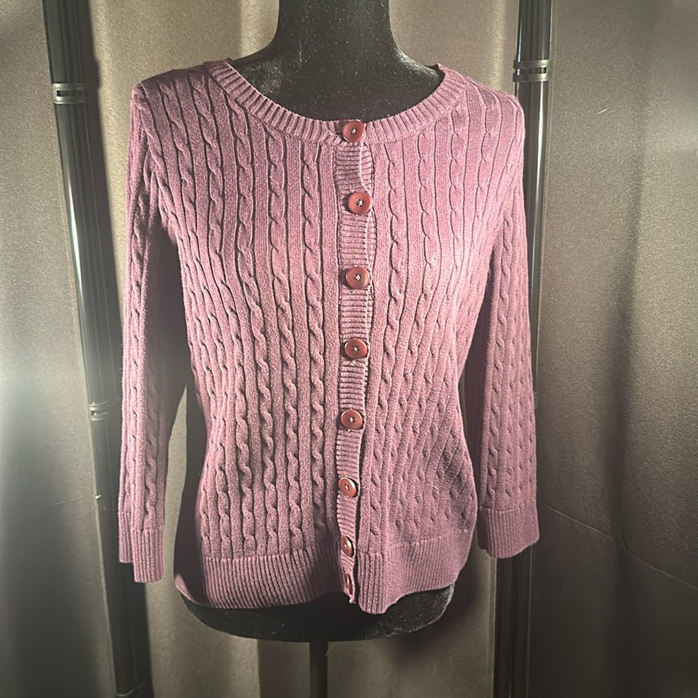 {Jeanne Pierre} purple Cable Knit Cardigan long sleeve Size M Pre Owned